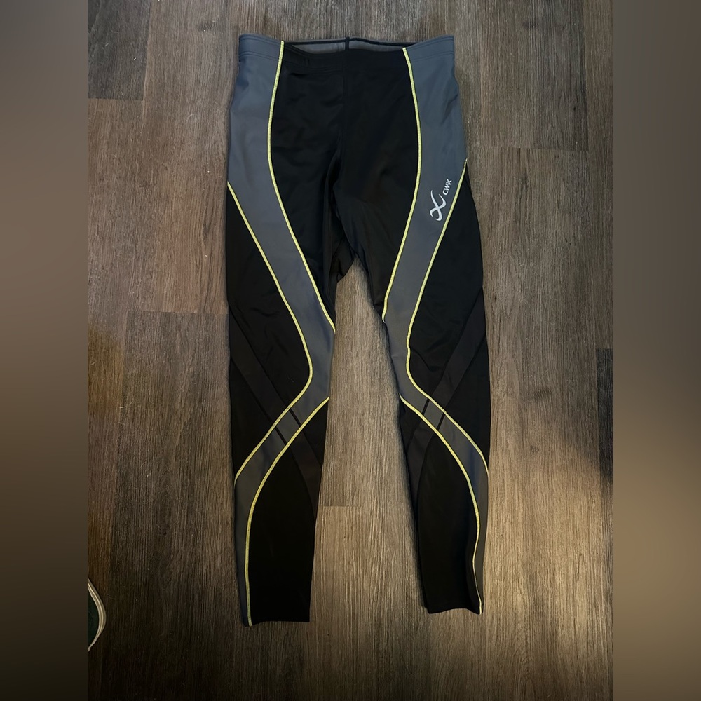 CW-X Black and Gray Tights with Yellow Trim